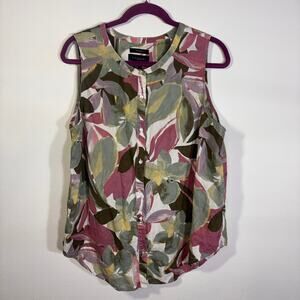 Tahari 100% Linen Floral Sleeveless Blouse Womens XL Button Front Top